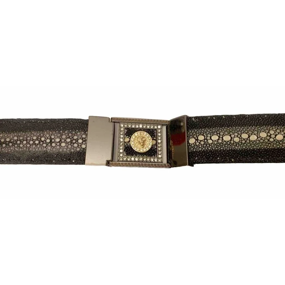 River Belts Snake Skin Belt 32 Black Leather Metal Accents Western Embossed
